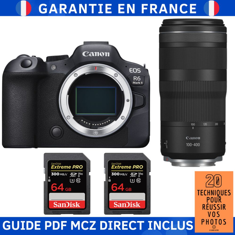 Canon EOS R6 Mark II + RF 100-400mm f/5.6-8 IS USM Lens + 2 SanDisk 64GB Extreme PRO UHS-II SDXC Cards