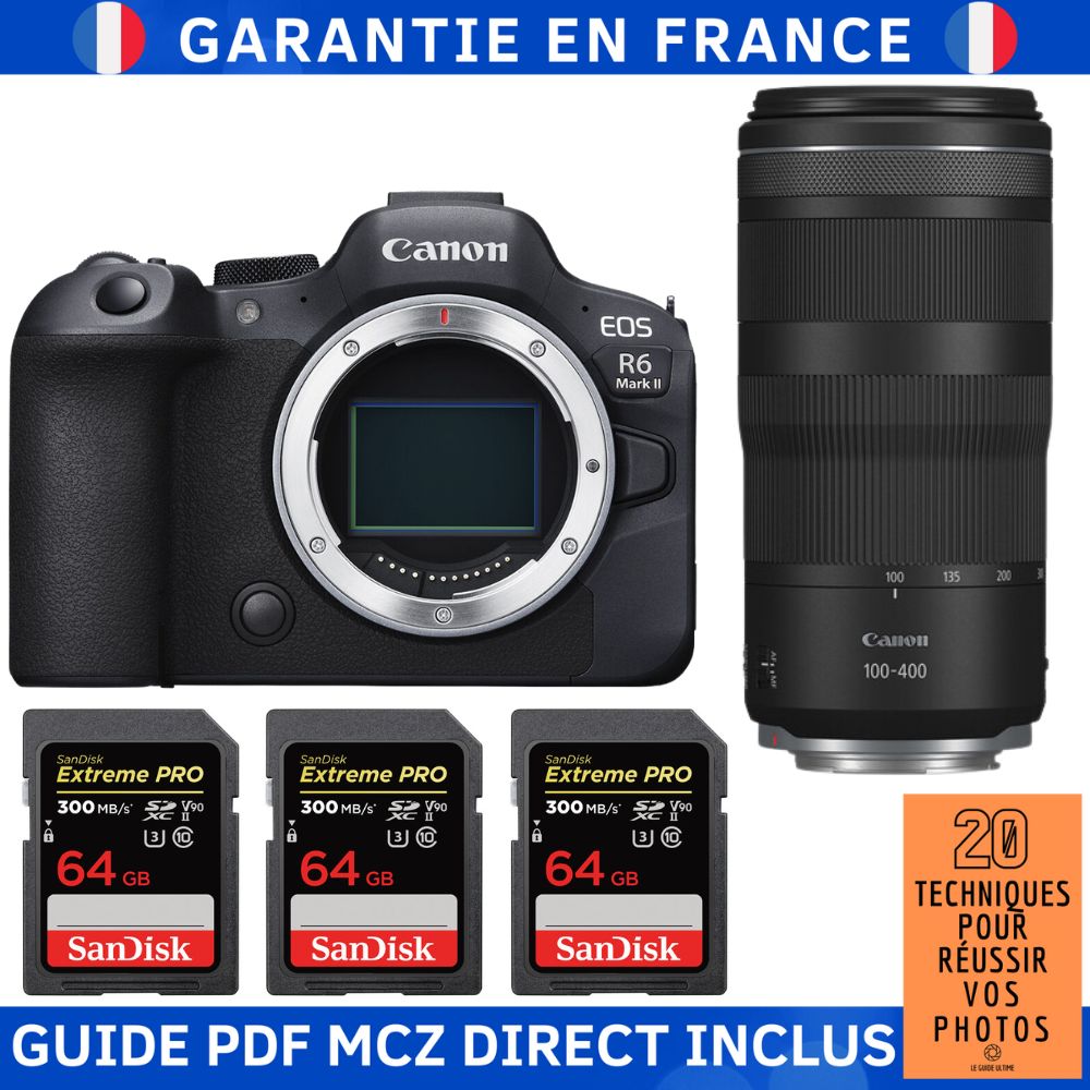 Canon EOS R6 Mark II + RF 100-400mm f/5.6-8 IS USM + 3 SanDisk 64GB Extreme PRO UHS-II SDXC 300MB/s + Guide PDF MCZ DIRECT '20 Techniques pour Réussir Vos Photos