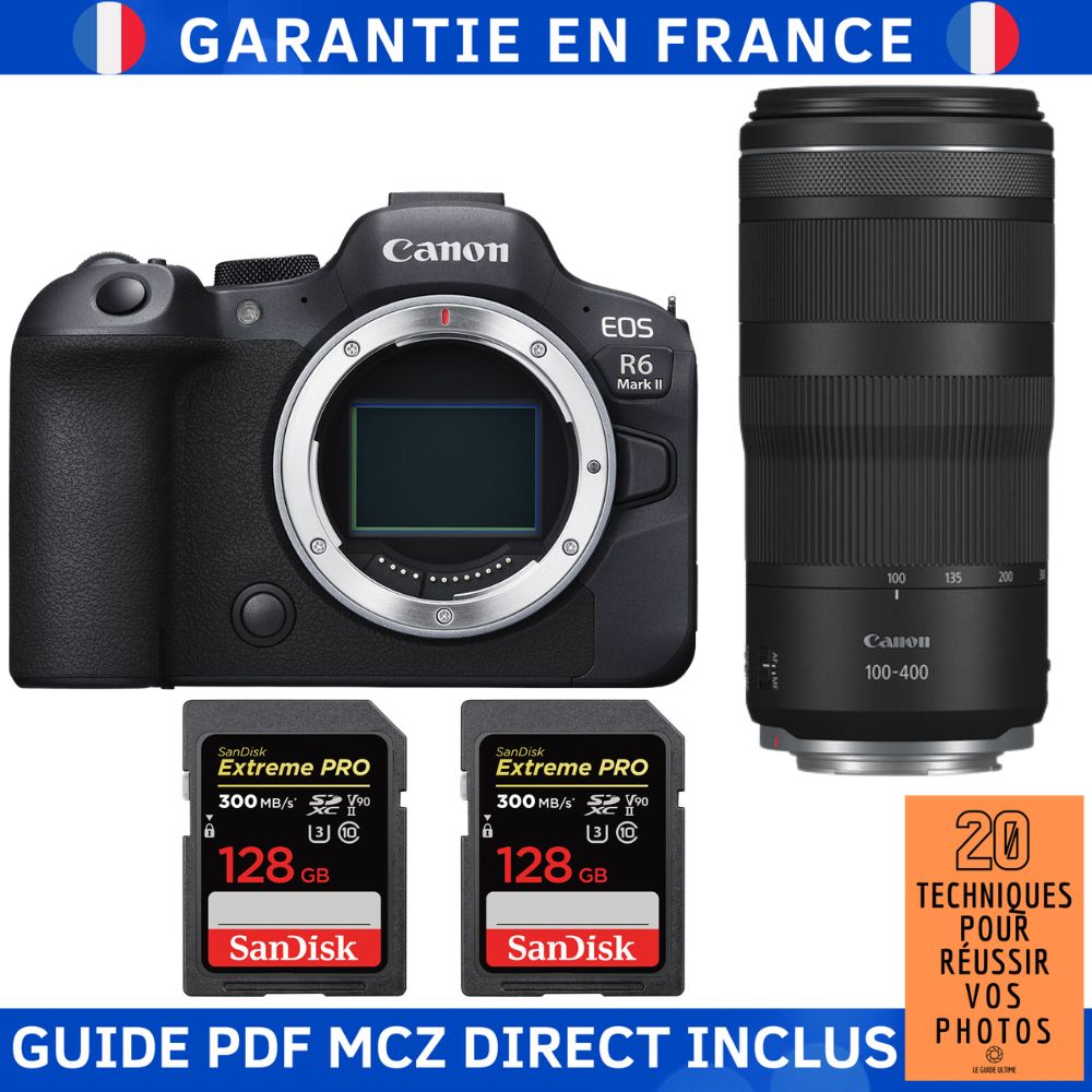 Canon EOS R6 Mark II + RF 100-400mm f/5.6-8 IS USM + 2 SanDisk 128GB Extreme PRO UHS-II SDXC 300MB/s + Guide PDF MCZ DIRECT '20 TECHNIQUES POUR RÉUSSIR VOS PHOTOS