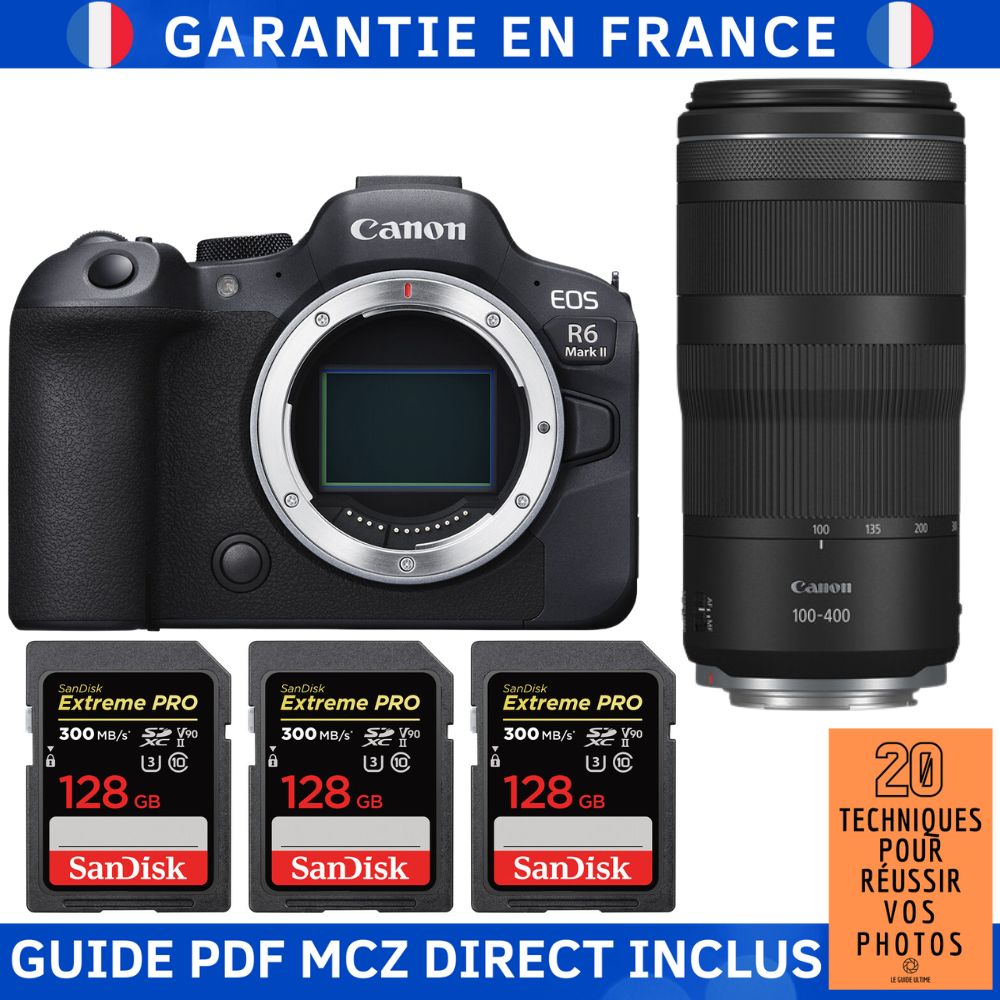 Canon EOS R6 Mark II + RF 100-400mm f/5.6-8 IS USM + 3 SanDisk 128GB Extreme PRO UHS-II SDXC 300MB/s Memory Card Kit