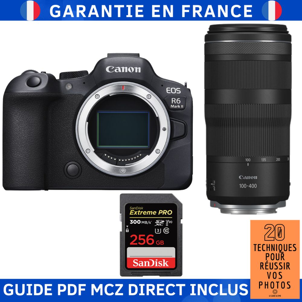 Canon EOS R6 Mark II + RF 100-400mm f/5.6-8 IS USM + 1 SanDisk 256GB Extreme PRO UHS-II SDXC 300MB/s + Guide PDF MCZ DIRECT '20 TECHNIQUES POUR RÉUSSIR VOS PHOTOS