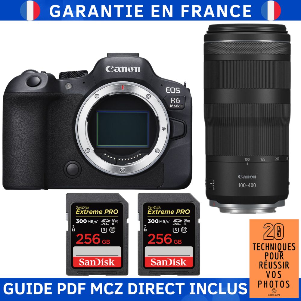 Canon EOS R6 Mark II + RF 100-400mm f/5.6-8 IS USM + 2 SanDisk 256GB Extreme PRO UHS-II SDXC 300MB/s + Guide PDF MCZ DIRECT '20 Techniques pour Réussir Vos Photos