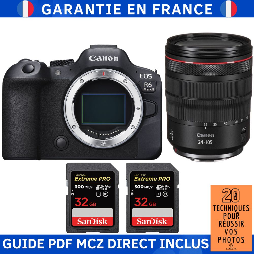 Canon EOS R6 Mark II + RF 24-105mm f/4 L IS USM + 2 SanDisk 32GB Extreme PRO UHS-II SDXC 300MB/s Memory Card Kit