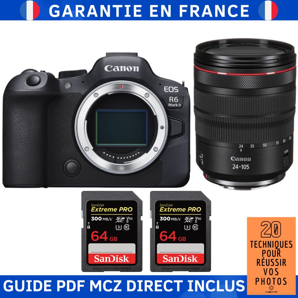 Canon EOS R6 Mark II + RF 24-105mm f/4 L IS USM + 2 SanDisk 64GB Extreme PRO UHS-II SDXC 300MB/s + Guide PDF MCZ DIRECT '20 Techniques pour Réussir Vos Photos