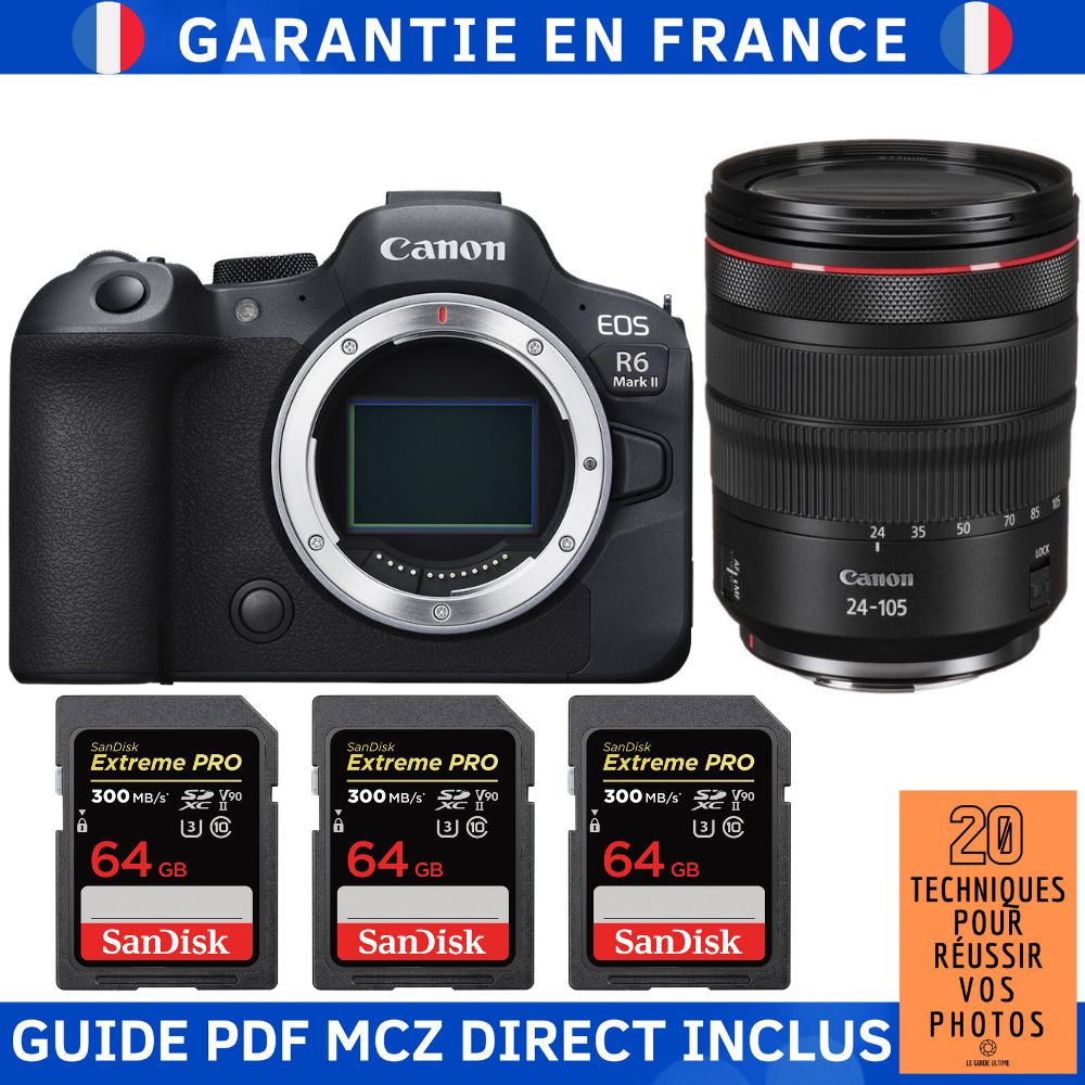 Canon EOS R6 Mark II + RF 24-105mm f/4 L IS USM Lens + 3 SanDisk 64GB Extreme PRO UHS-II SDXC Cards (300 MB/s) + '20 Techniques for Succeeding in Photography' Guide