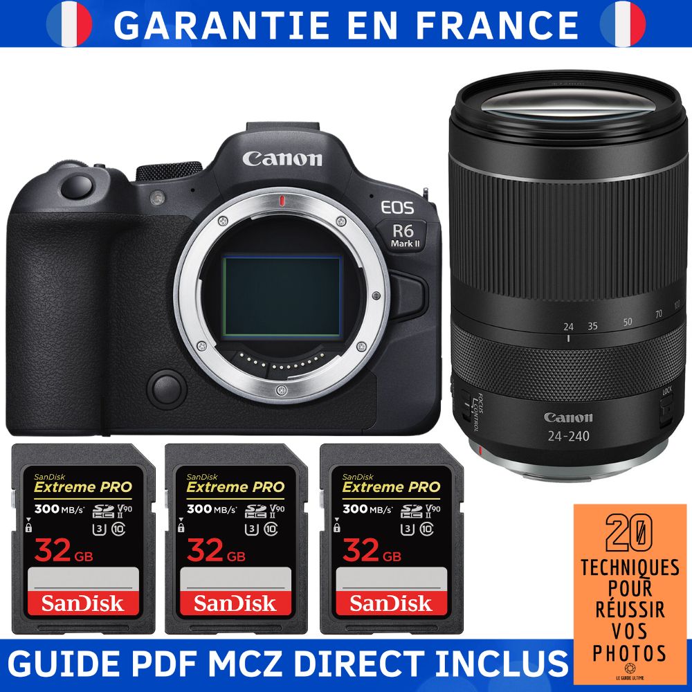 Canon EOS R6 Mark II + RF 24-240mm f/4-6.3 IS USM Lens + 3 SanDisk 32GB Extreme PRO UHS-II SDXC Cards (300 MB/s) + '20 Techniques for Succeeding at Photography' Guide