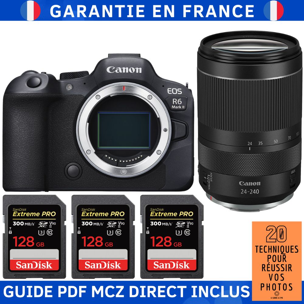 Canon EOS R6 Mark II + RF 24-240mm f/4-6.3 IS USM + 3 SanDisk 128GB Extreme PRO UHS-II SDXC 300MB/s + Guide PDF MCZ DIRECT '20 TECHNIQUES POUR RÉUSSIR VOS PHOTOS