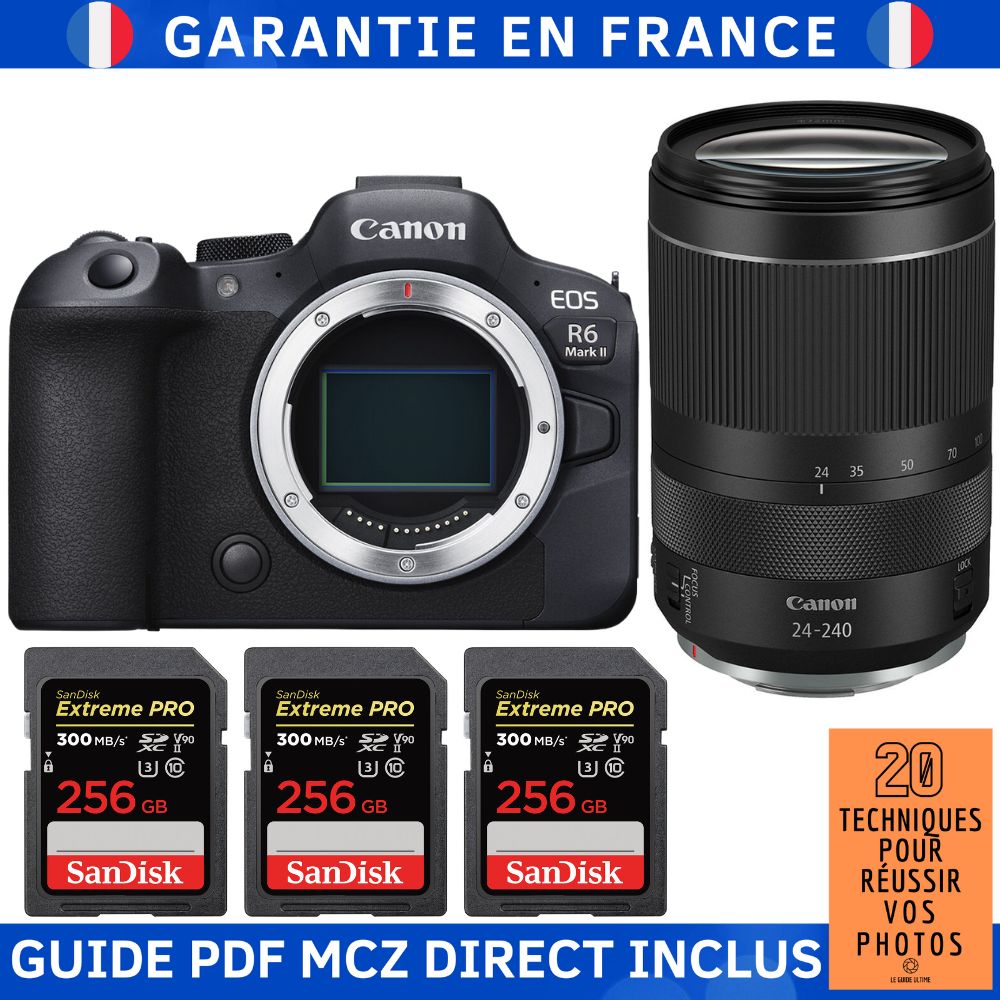 Canon EOS R6 Mark II + RF 24-240mm f/4-6.3 IS USM + 3 SanDisk 256GB Extreme PRO UHS-II SDXC 300MB/s + Guide PDF MCZ DIRECT '20 Techniques pour réussir vos photos