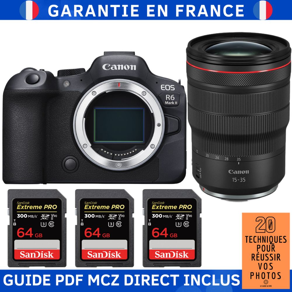 Canon EOS R6 Mark II + RF 15-35mm f/2.8 L IS USM + 3 SanDisk 64GB Extreme PRO UHS-II SDXC 300 MB/s + Guide PDF MCZ