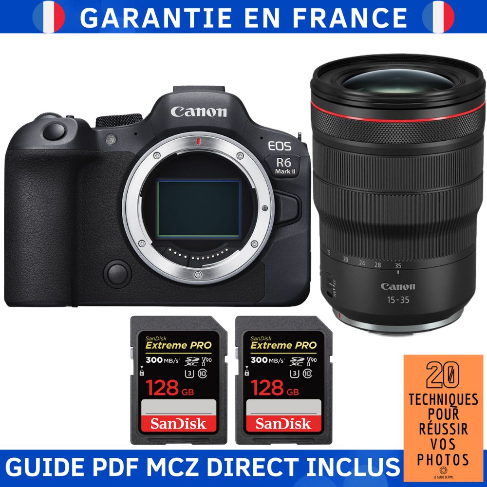 Canon EOS R6 Mark II + RF 15-35mm f/2.8 L IS USM + 2 SanDisk 128GB Extreme PRO UHS-II SDXC 300MB/s + Guide PDF MCZ