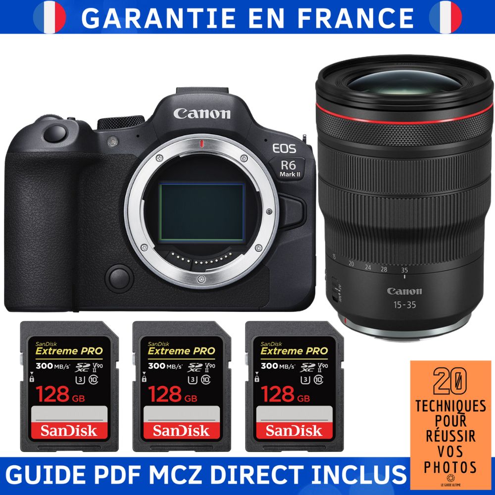 Canon EOS R6 Mark II + RF 15-35mm f/2.8 L IS USM Lens + 3 SanDisk 128GB Extreme PRO UHS-II SDXC Cards