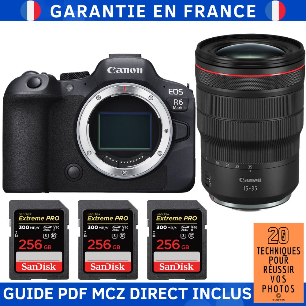 Canon EOS R6 Mark II + RF 15-35mm f/2.8 L IS USM Lens + 3 SanDisk 256GB Extreme PRO UHS-II SDXC Cards