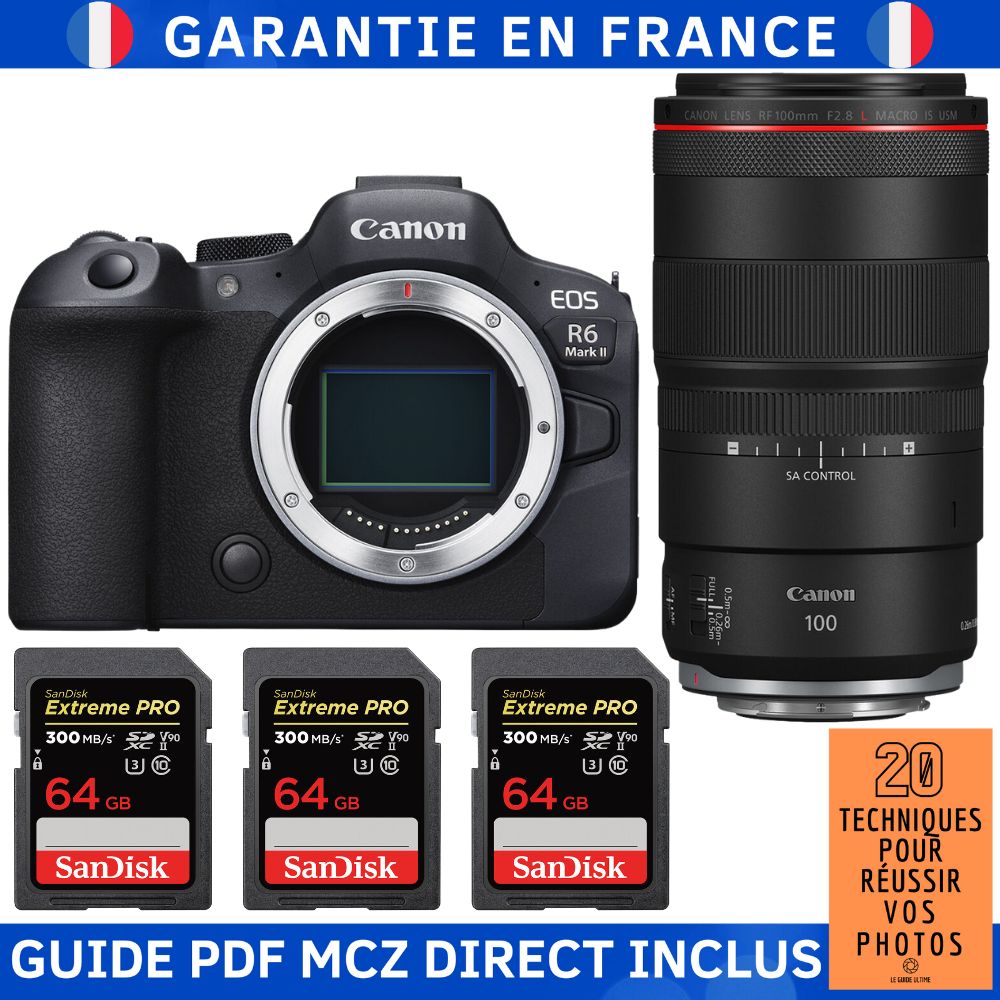 Canon EOS R6 Mark II + RF 100mm f/2.8 L Macro IS USM Lens + 3 SanDisk 64GB Extreme PRO UHS-II SDXC Cards (300MB/s) + '20 Techniques for Success in Photography' Guide