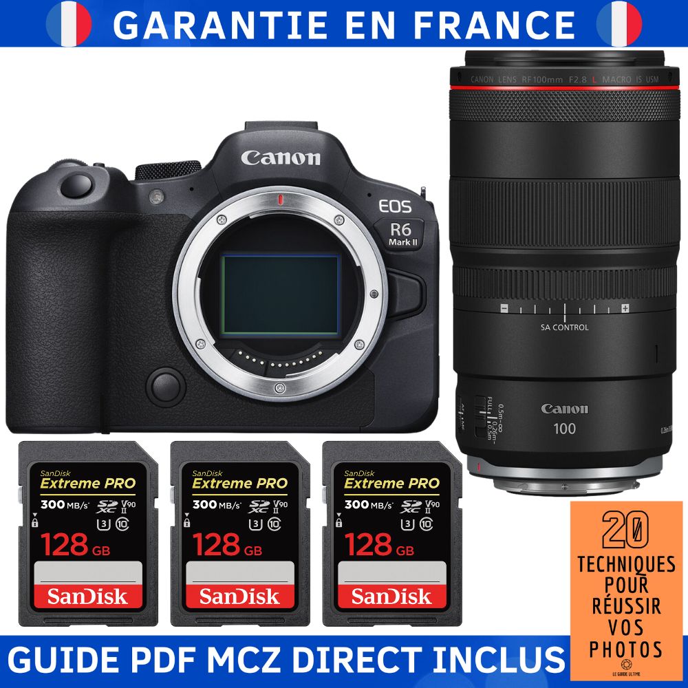 Canon EOS R6 Mark II + RF 100mm f/2.8 L Macro IS USM + 3 SanDisk 128GB Extreme PRO UHS-II SDXC 300MB/s Memory Cards + '20 Techniques for Succeeding in Photography' Guide