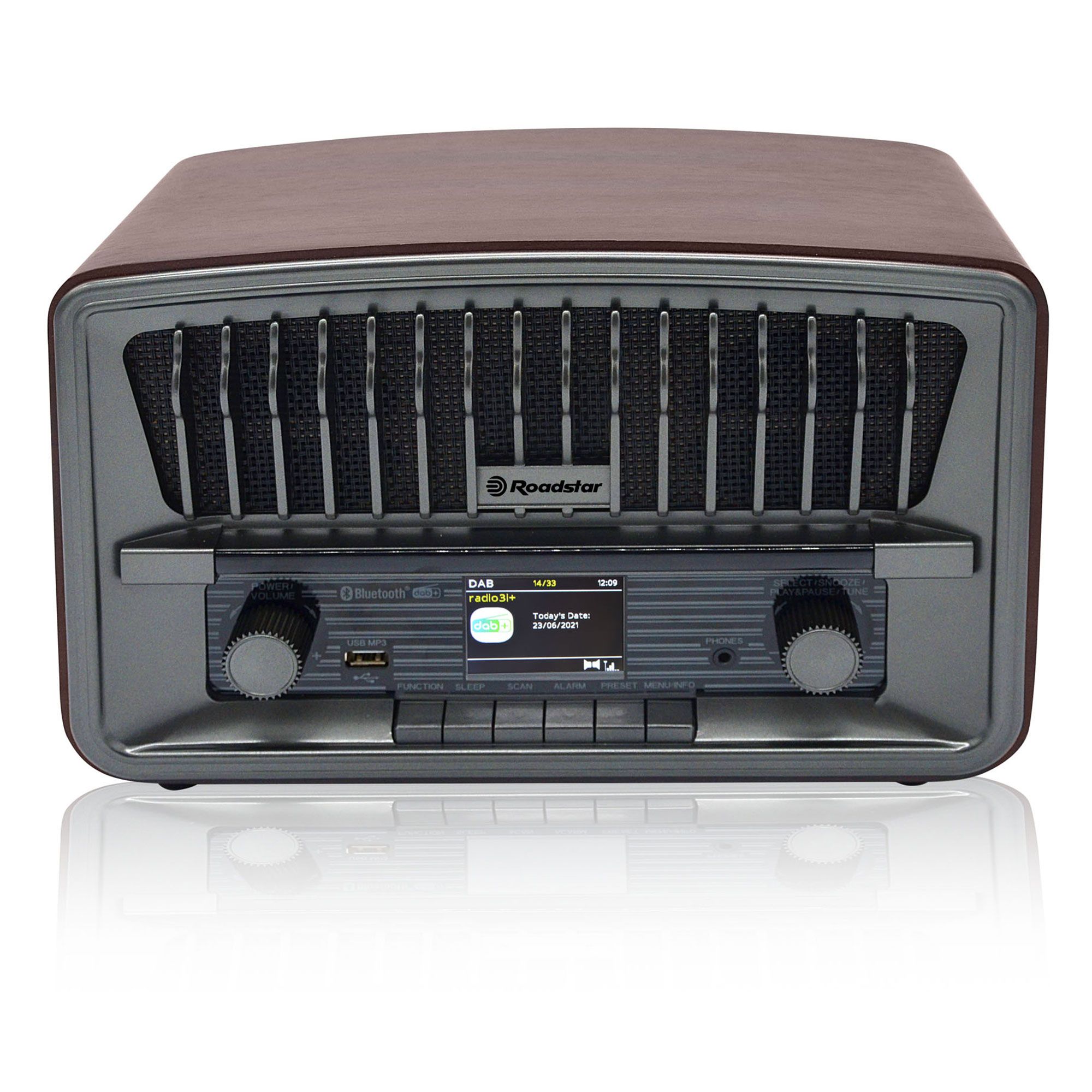 Vintage Portable Digital Radio DAB+/FM Bluetooth USB, Stereo, Double Alarm Clock, Wood, Roadstar, HRA-270D+BT