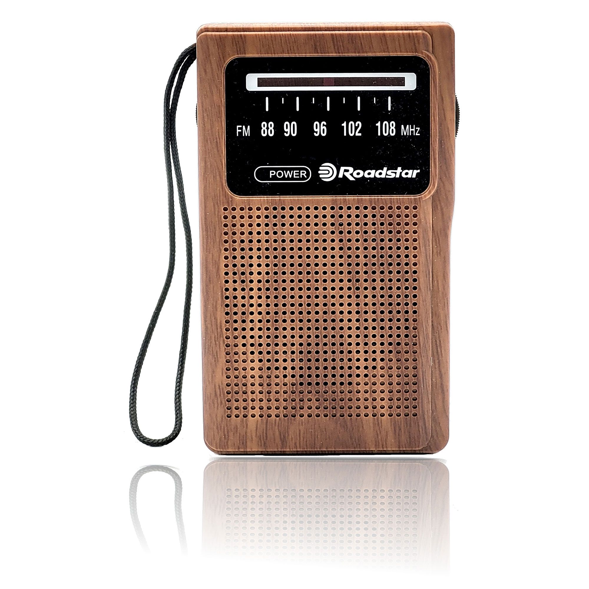 Roadstar Portable FM Analog Radio, Battery-Powered, Small Headphone Jack, Wood, TRA-1230WD