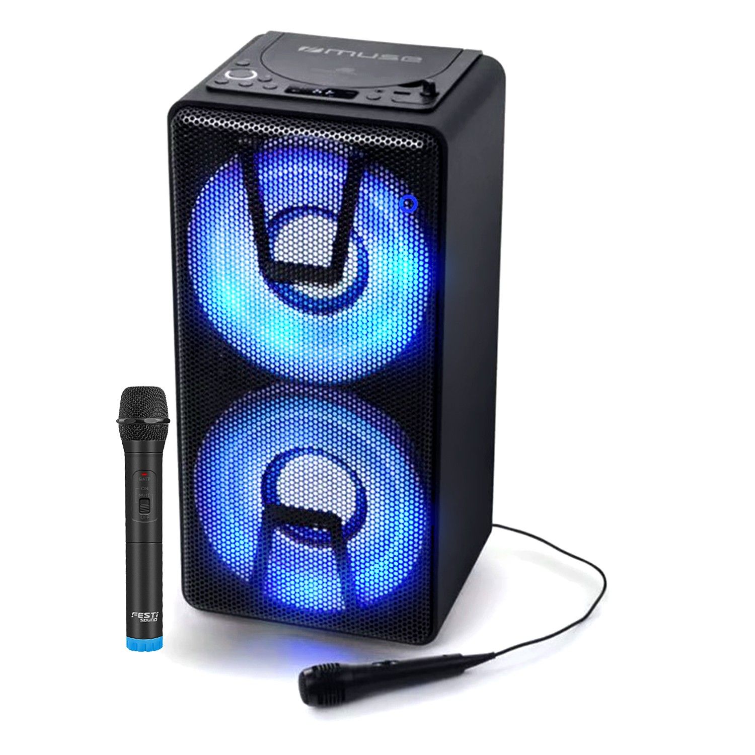 Haut-parleur portable de fête Muse M-1820DJ avec lecteur CD + micro VHF et filaire - Bluetooth/CD/AUX/USB - 150W