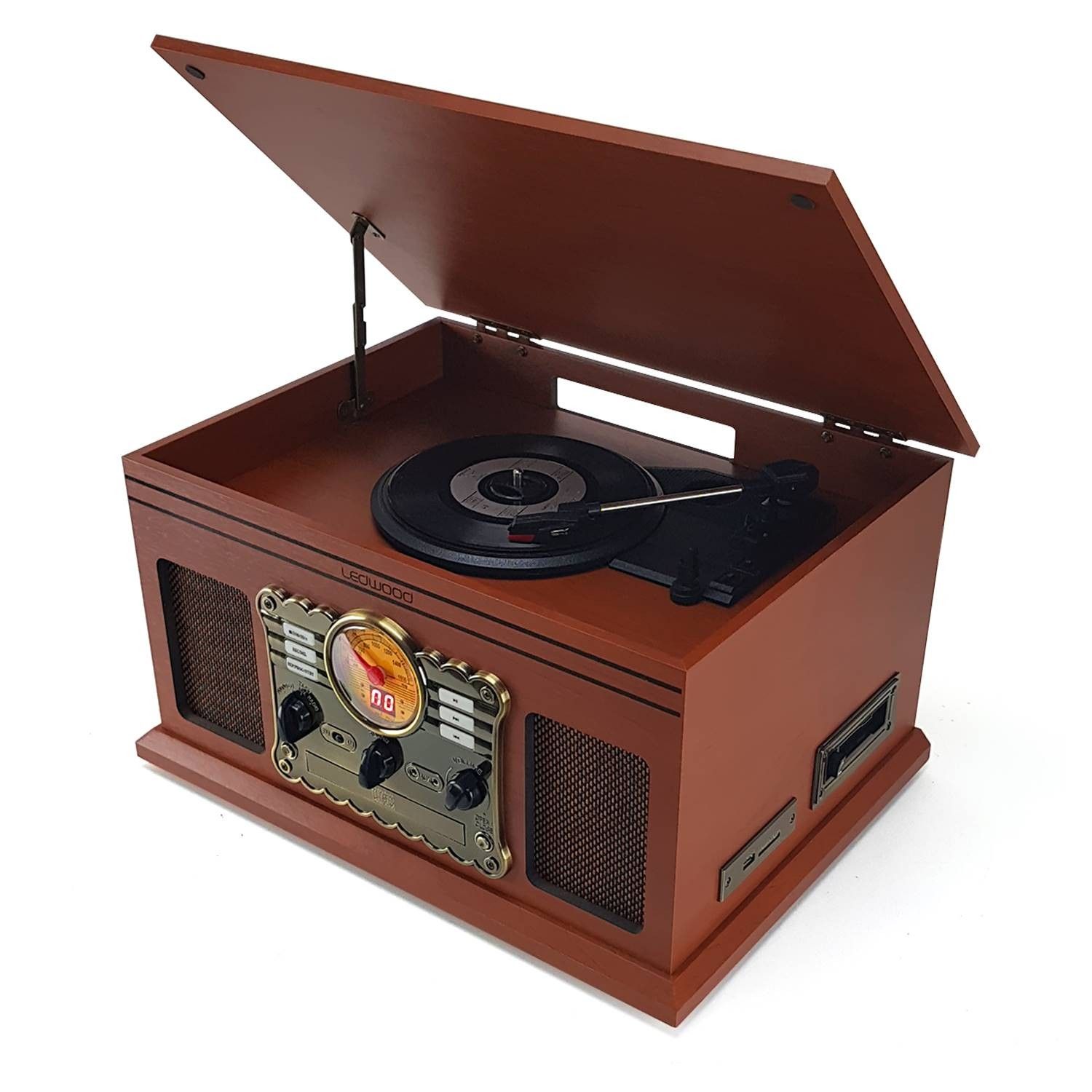 Ledwood Vintage Stereo Chain - 3-Speed Turntable with USB/BT/SD/FM/CD/Cassette/Vinyl