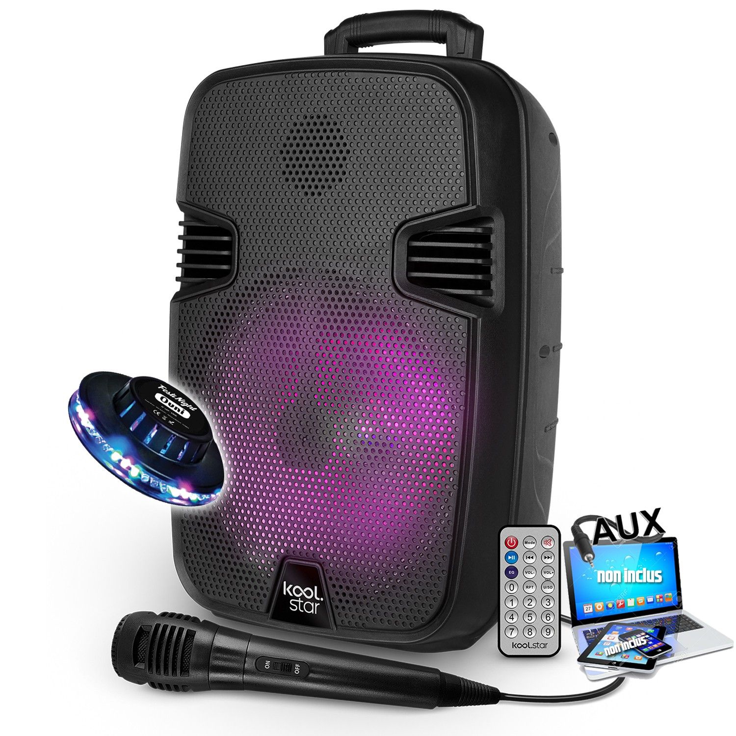 Enceinte DJ Mobile KoolStar STARLED 08, 100W, Boomers à LED RVB de 20 cm, USB Bluetooth, Câble PC, Microphone, Lumières OVNI