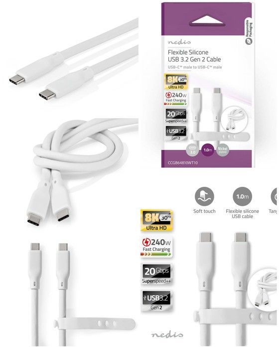 Nedis USB-C to USB-C Cable, 240W, 8K 30Hz, 20Gbps, 1m, Silicone White