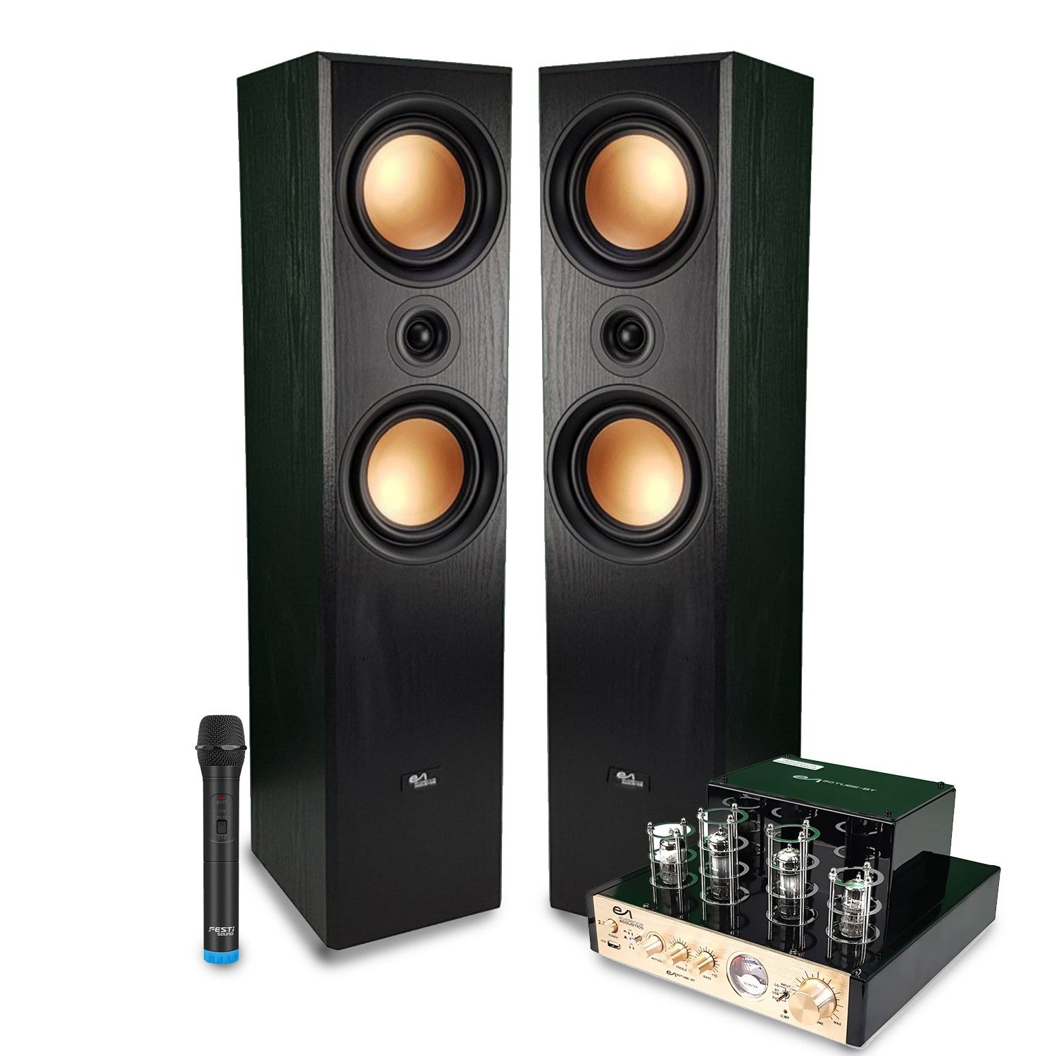 Evidence Acoustics EA800-PG 2.0 Home Cinema Pack - 2x500W PMPO, Tube Stereo Amplifier EA-50TUBE-BT, Vintage Micro VHF