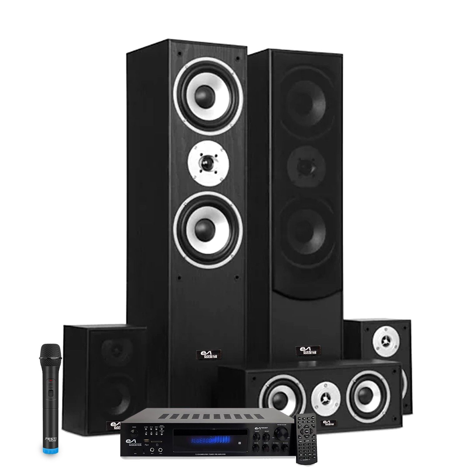 Home Cinema 5.1 System - Evidence Acoustics, 850W 5 Speakers - EA-7360 Amplifier, USB SD Bluetooth Radio, VHF Wireless Microphone for Karaoke