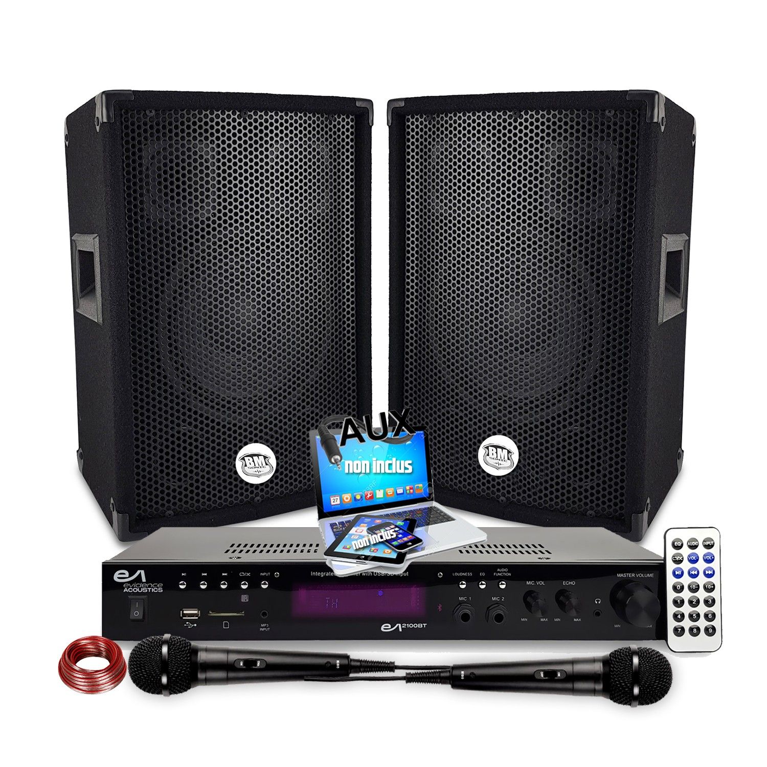 Paquete de Sonorización Bm Sonic 600W + Amplificador EA-2100-BT Estéreo Hi-Fi con Bluetooth, USB, Tarjeta SD, Radio FM y 2 Micrófonos para Karaoke
