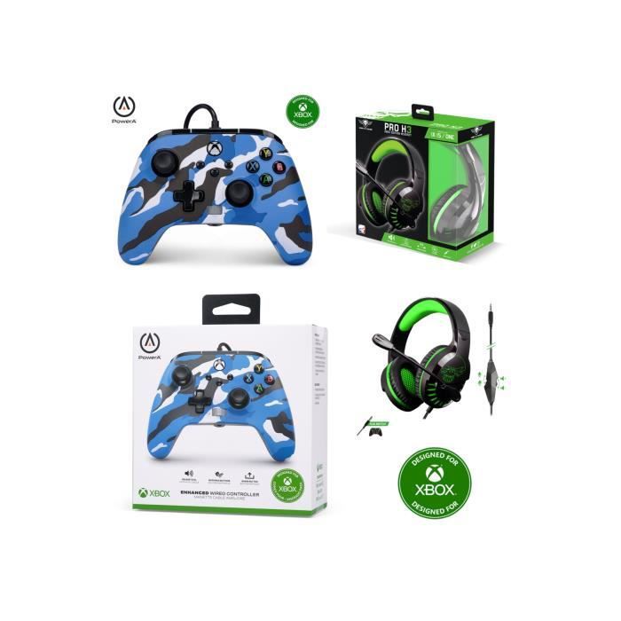Controlador oficial de Power A para Xbox One-S-X-PC Camo Azul Nébula + Auriculares Gamer Pro PH3 Espíritu del Jugador