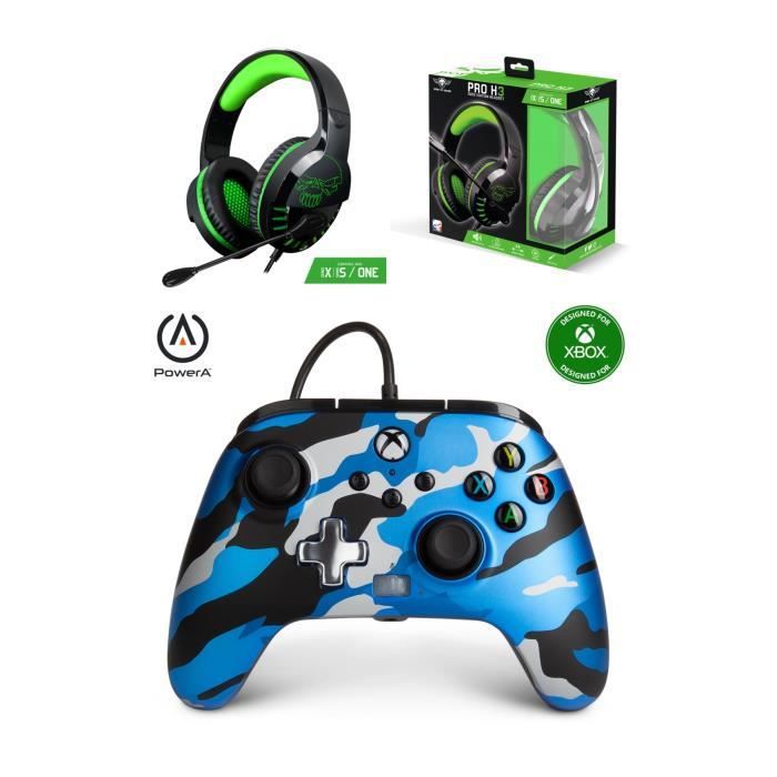 Controlador oficial de POWER A edición camo azul metal Xbox One S/X/PC + Auricular gamer H3 ESPÍRITU DE JUEGO