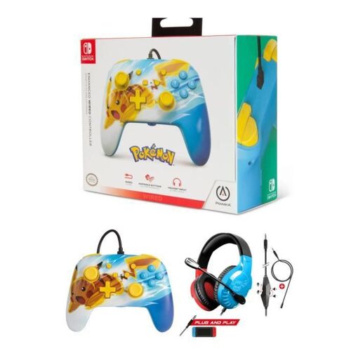 Controlador cableado oficial Pokémon Pikachu + Auriculares para juegos Spirit of Gamer H3 para Nintendo Switch - Rojo Azul