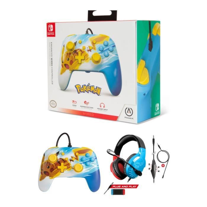 Manette filaire Nintendo Pikachu officielle + Casque de jeu PRO H3 - Rouge Bleu pour Switch
