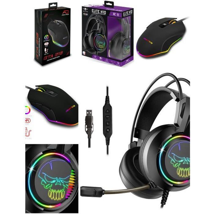 Auricular de juego Spirit Of Gamer PRO-GT210 - Son de entorno virtual 7.1 - Ratón RGB con 6 botones - Negro