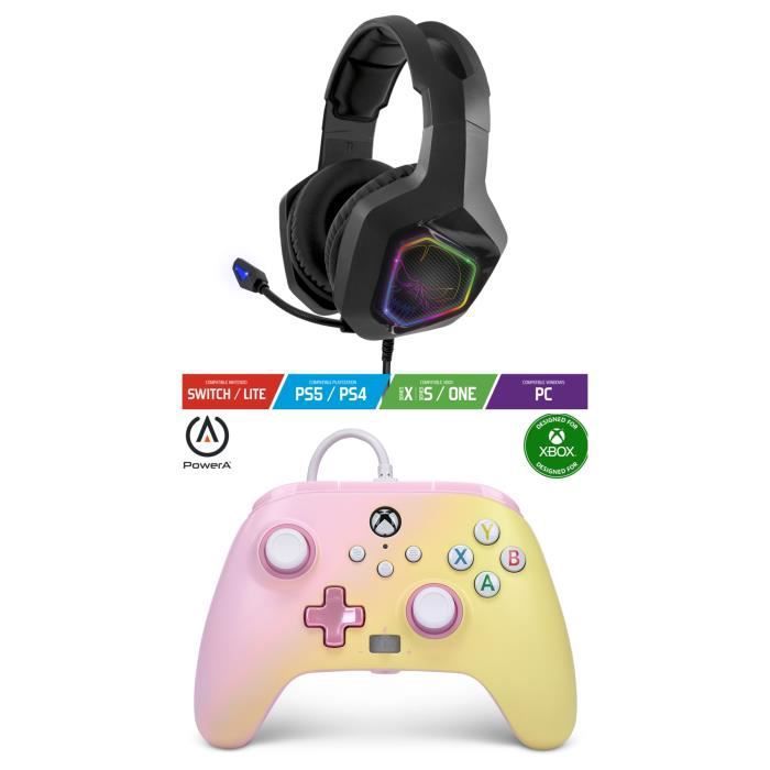 Controlador POWER A Xbox One/S/X/PC - Edición Limón Rosa + Auricular Gamer PRO EH50 - Naranja Espíritu del Jugador