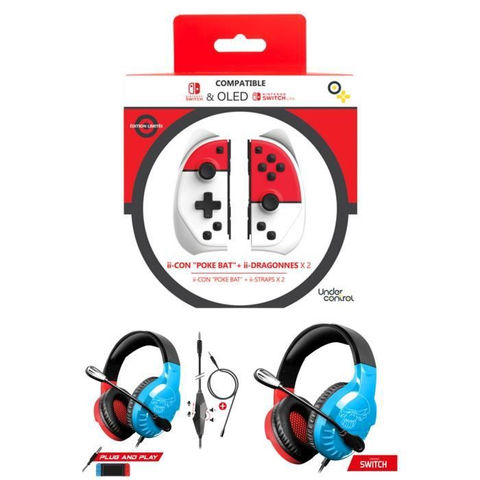 Controladores Joy-Con Nintendo con Pokeball + Dragonne V2 y Auriculares Pro-SH3 (Rojo y Azul)
