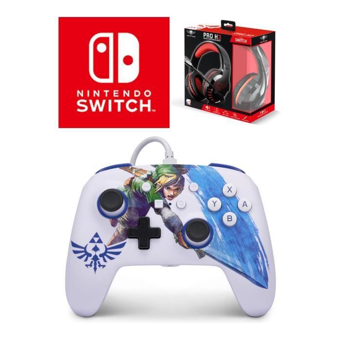 Controlador Oficial Nintendo Zelda Espada Máster Ataque Fila + Auricular de Juego PRO H3 Rojo ESPÍRITU DE JUEGO para Switch