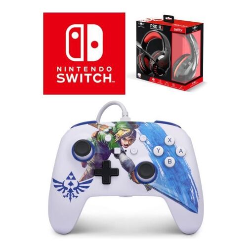 Controlador Oficial Nintendo Zelda Espada Máster Ataque Fila + Auricular de Juego PRO H3 Rojo ESPÍRITU DE JUEGO para Switch
