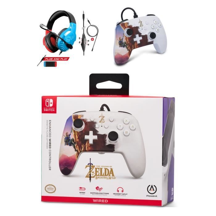 Mandos cableados Nintendo Switch Zelda Hero's Ascent Oficial + Auricular Gamer PRO H3 Rojo Azul Espíritu de Jugador SWITCH por POWER A