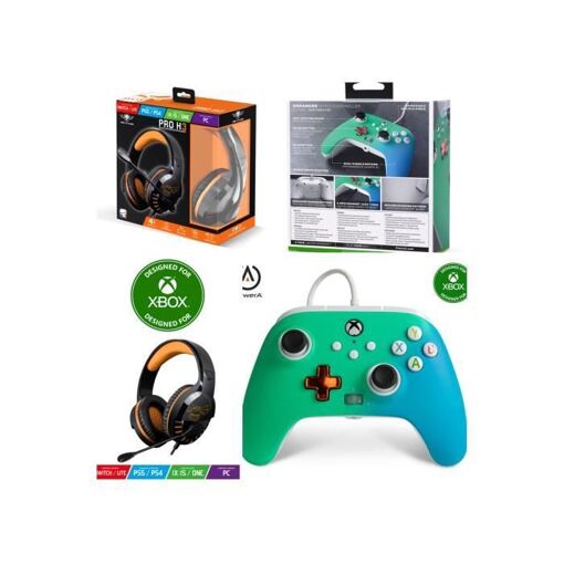 Controlador POWER A Xbox One/S/X/PC Edición Fade Verde Azulado + Auricular Gamer PRO H3 Naranja Espíritu del Juego para Xbox One/S/X/PC