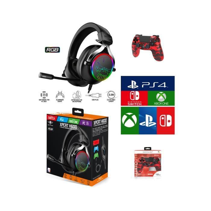 Manette Bluetooth Spirit of Gamer Rouge Camo PS4 + Casque de Jeu PRO-H600 pour PS4/PS5