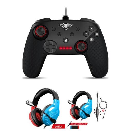 Manette de contrôleur filaire Nintendo SWITCH PRO GAMING Spirit of gamer + CASQUE SWITCH PRO-SH3 ÉDITION ROUGE ET BLEUE
