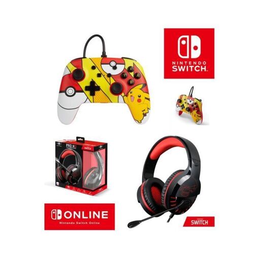 Casque de jeu filaire Pokémon Pikachu Pop Art Officiel + Casque gamer PRO H3 Rouge pour Nintendo Switch