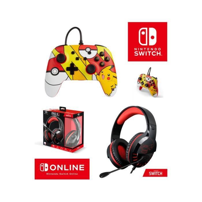 Controlador cableado Pokémon Pikachu Pop Art Oficial + Auriculares para juegos Spirit of Gamer PRO H3 Rojo para Nintendo Switch