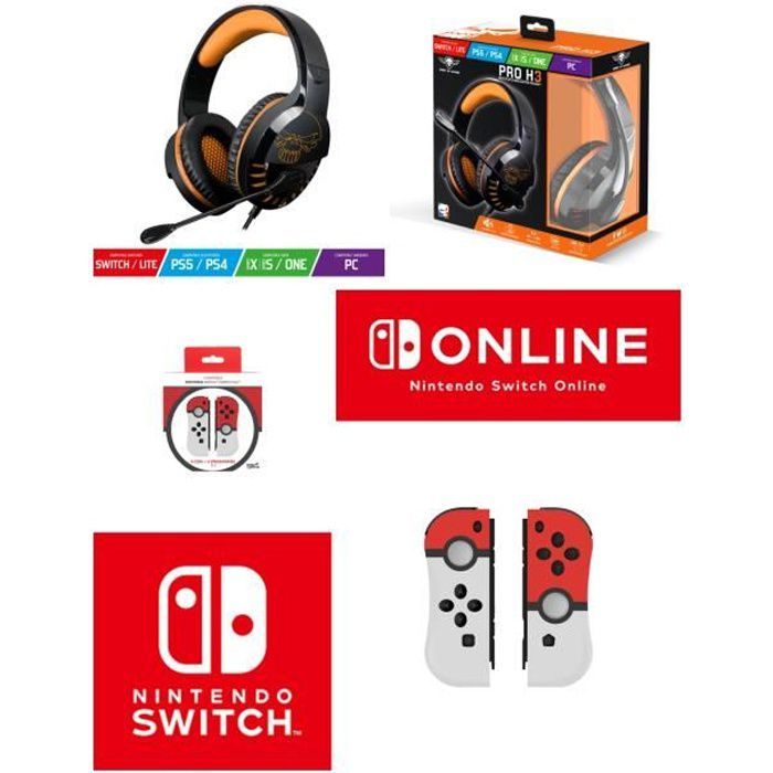 Spirit of Gamer PACK: Nintendo Switch Manette Pokeball Dragonnes V2 + Casque Switch Pro-SH3 Orange