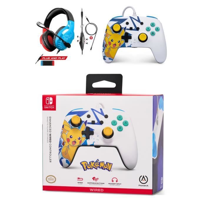Controlador cableado oficial Nintendo Pikachu Alta Tensión de POWER A + Auriculares para juegos H3 Espíritu del Jugador (Rojo Azul)