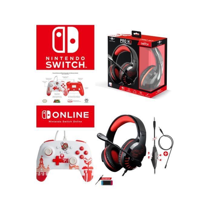 Nintendo Switch Official Wired Controller Set: Mario Red and White + Spirit of Gamer H3 Pro Gaming Headset - Red