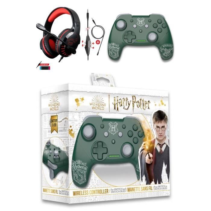 Nintendo Switch Harry Potter Green Serpentard Bluetooth Controller + Pro-Switch Red Edition Headset