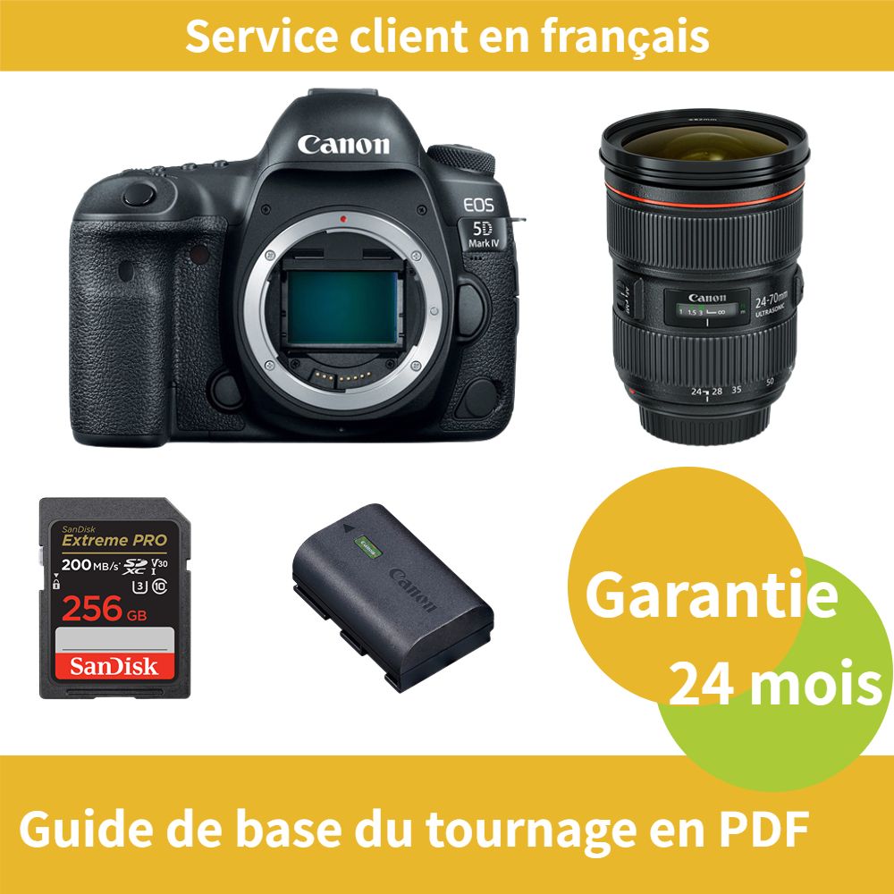 Canon EOS 5D Mark IV Camera + Canon EF 24-70mm f/2.8L II USM Lens + Official Canon LP-E6NH Battery + SanDisk 256GB Extreme PRO UHS-I Card