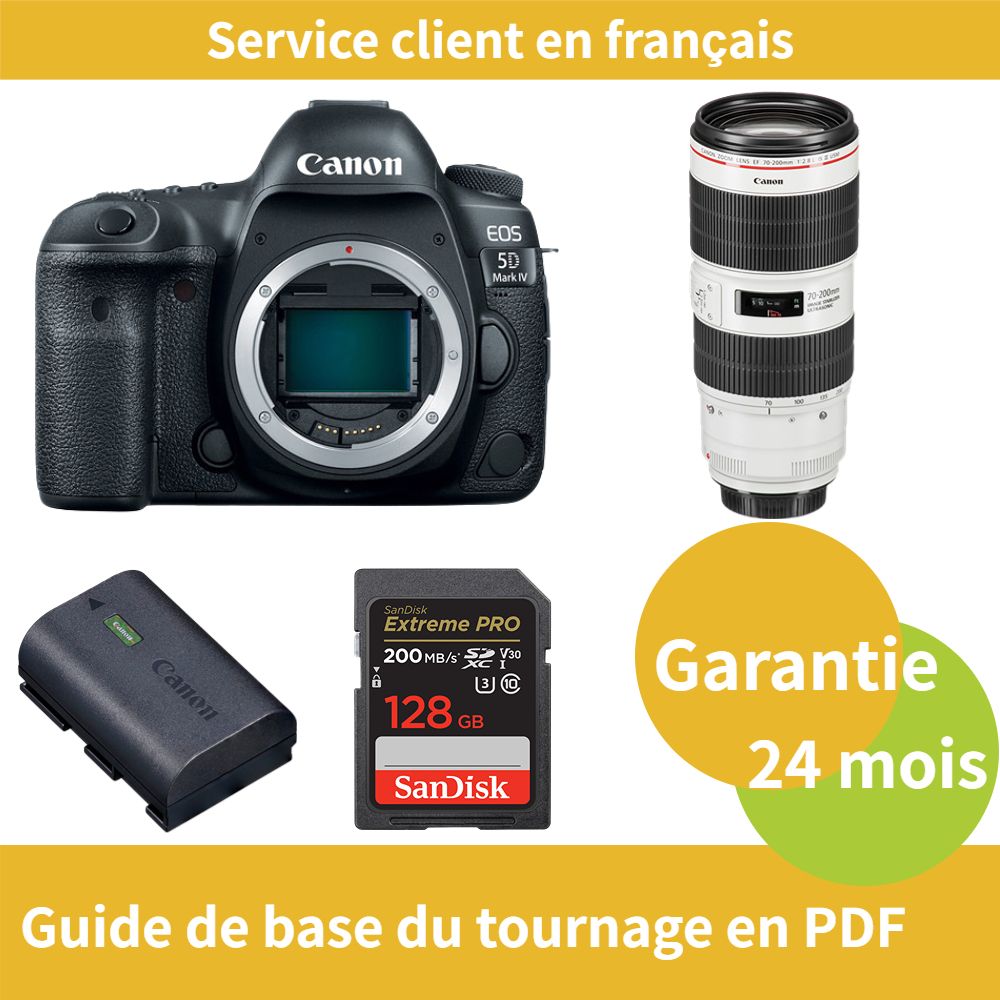 Appareil photo Canon EOS 5D Mark IV + Objectif Canon EF 70-200mm f/2.8 L IS III USM + Batterie officielle Canon LP-E6NH + Carte SDXC SanDisk 128 Go Extreme PRO UHS-I