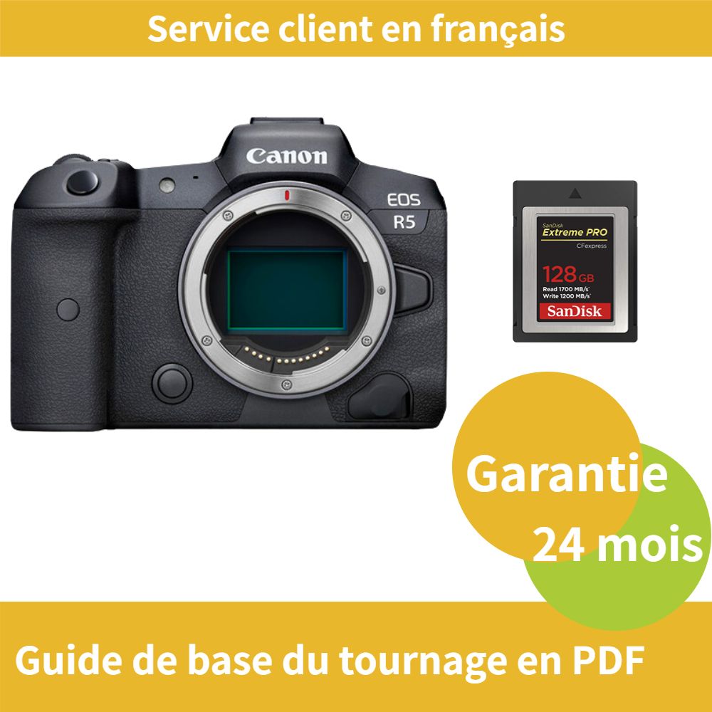 Appareil photo Canon EOS R5 + Carte SD Sandisk 128 Go Extrême (Type B PRO CFexpress)