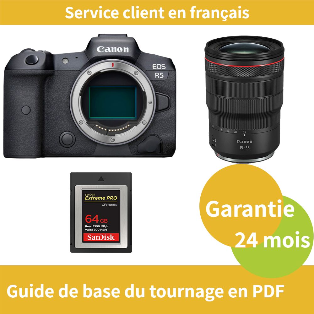 Canon EOS R5 Camera + Canon RF 15-35mm f/2.8 L IS USM Lens + SanDisk 64GB Extreme SD Card (Type B)
